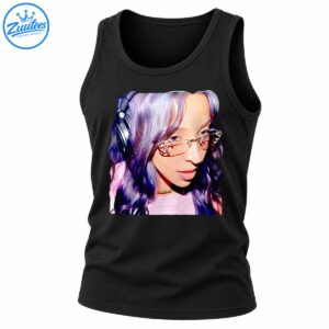 Tinashe portrait graphic with silver purple hair, decorative pink sunglasses, headphones, and pink outfit