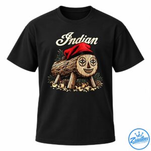 Vintage Indian script above a smiling wooden log wearing a red beret, surrounded by pinecones and evergreen branches.