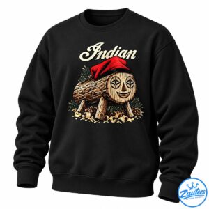 Vintage Indian script above a smiling wooden log wearing a red beret, surrounded by pinecones and evergreen branches.