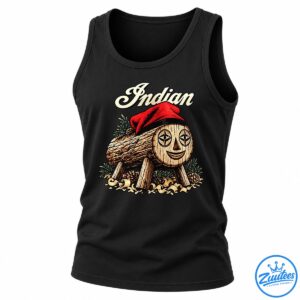 Vintage Indian script above a smiling wooden log wearing a red beret, surrounded by pinecones and evergreen branches.