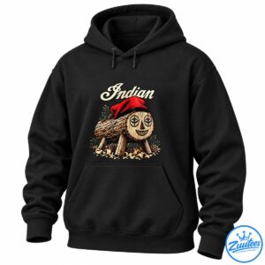 Vintage Indian script above a smiling wooden log wearing a red beret, surrounded by pinecones and evergreen branches.