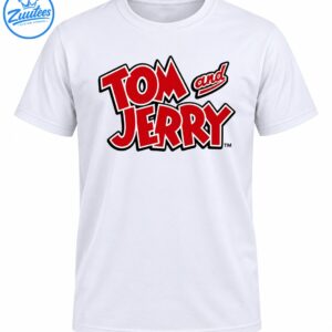 Tom and Jerry logo shirt design with bold red cartoon lettering, white borders, and thick black outlines