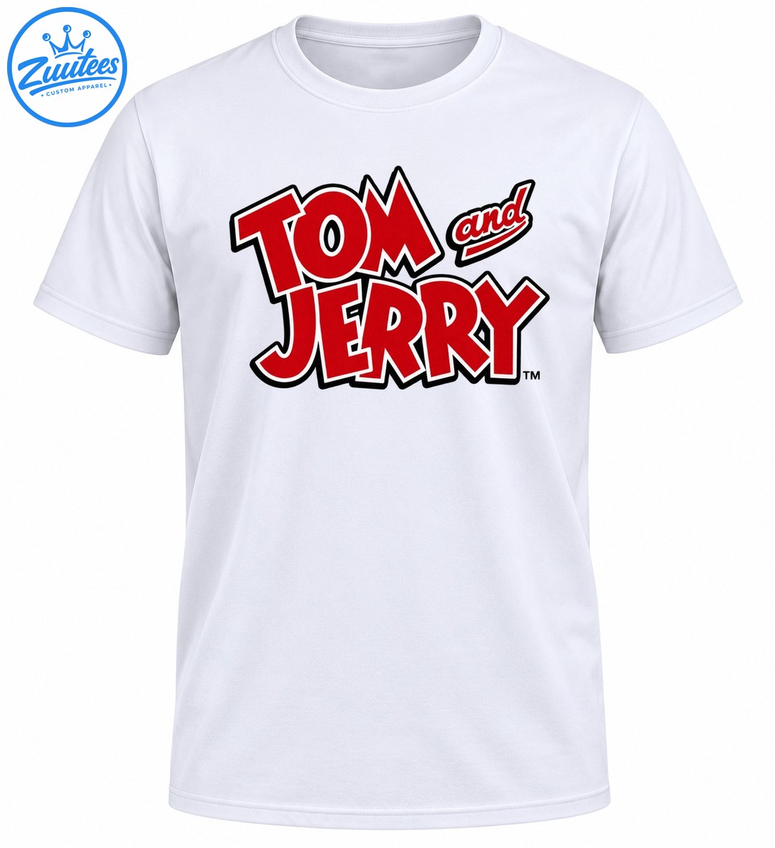Tom and Jerry logo shirt design with bold red cartoon lettering, white borders, and thick black outlines Tom and Jerry logo shirt design with bold red cartoon lettering, white borders, and thick black outlines