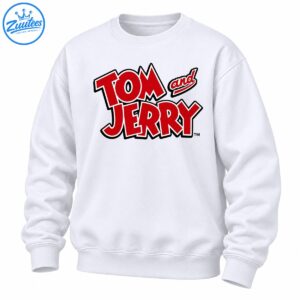 Tom and Jerry logo shirt design with bold red cartoon lettering, white borders, and thick black outlines