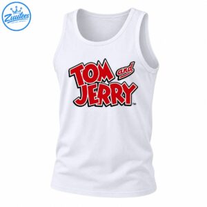 Tom and Jerry logo shirt design with bold red cartoon lettering, white borders, and thick black outlines