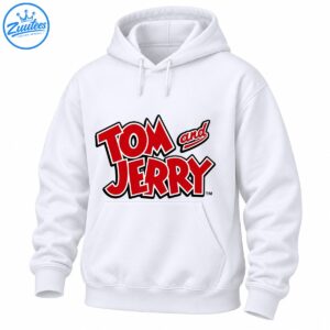 Tom and Jerry logo shirt design with bold red cartoon lettering, white borders, and thick black outlines