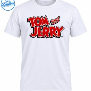 Tom and Jerry logo shirt design with bold red lettering, white outlines, dark borders, and a playful cartoon style