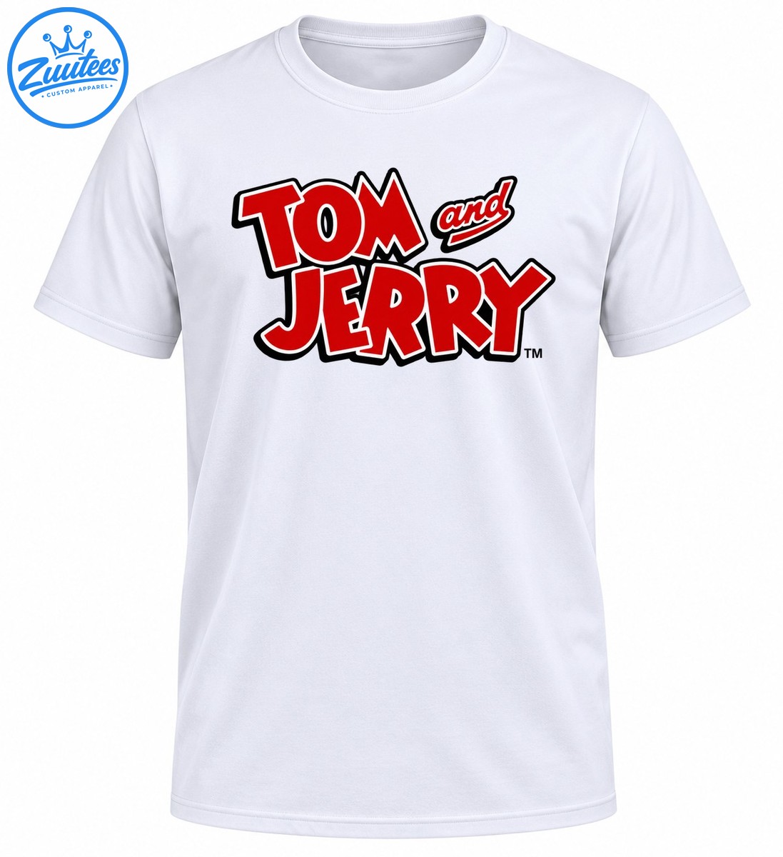 Tom and Jerry logo shirt design with bold red lettering, white outlines, dark borders, and a playful cartoon style Tom and Jerry logo shirt design with bold red lettering, white outlines, dark borders, and a playful cartoon style