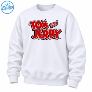 Tom and Jerry logo shirt design with bold red lettering, white outlines, dark borders, and a playful cartoon style