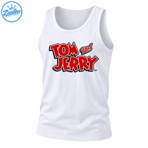 Tom and Jerry logo shirt design with bold red lettering, white outlines, dark borders, and a playful cartoon style