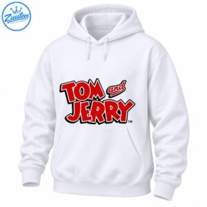Tom and Jerry logo shirt design with bold red lettering, white outlines, dark borders, and a playful cartoon style