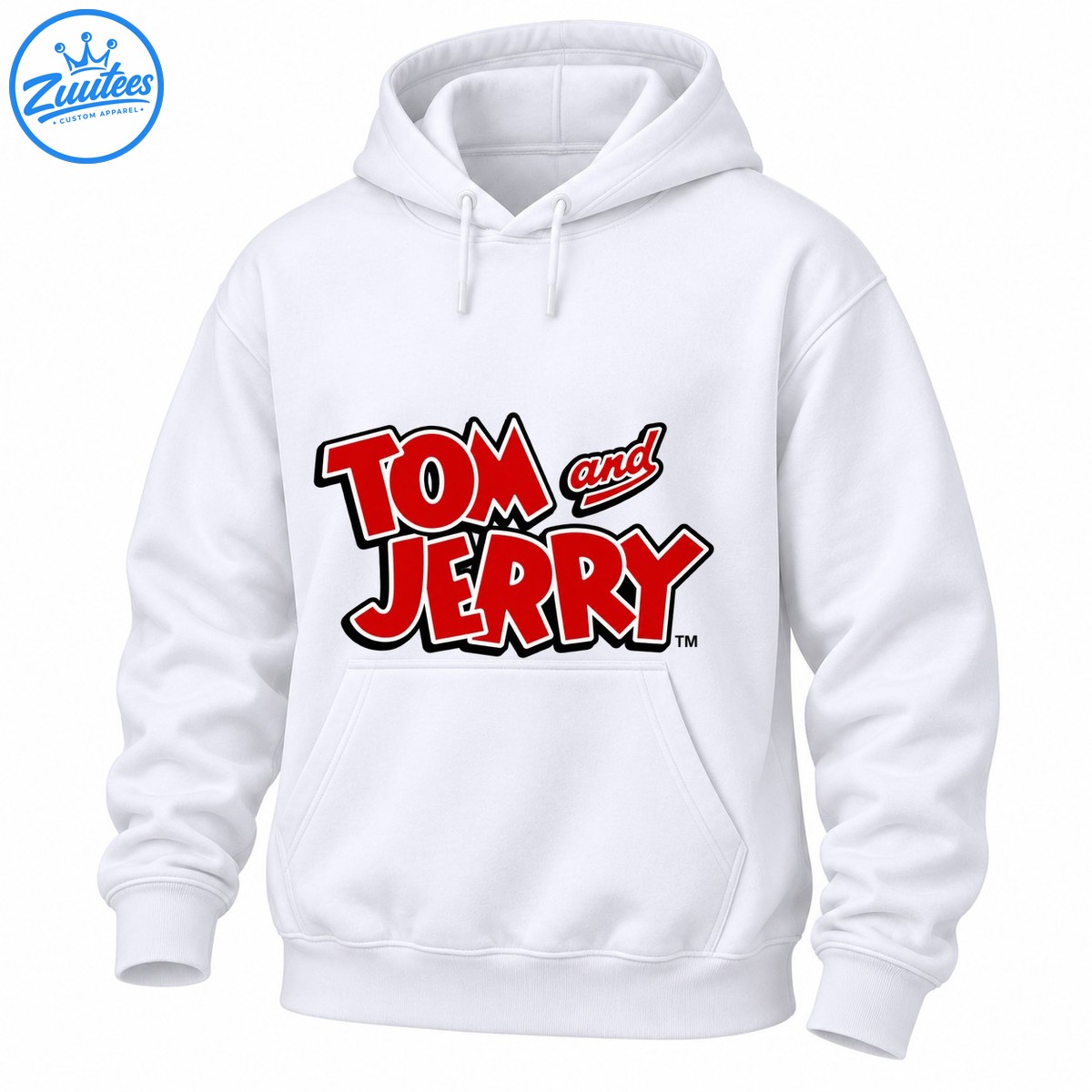 Tom and Jerry logo shirt design with bold red lettering, white outlines, dark borders, and a playful cartoon style Tom and Jerry logo shirt design with bold red lettering, white outlines, dark borders, and a playful cartoon style