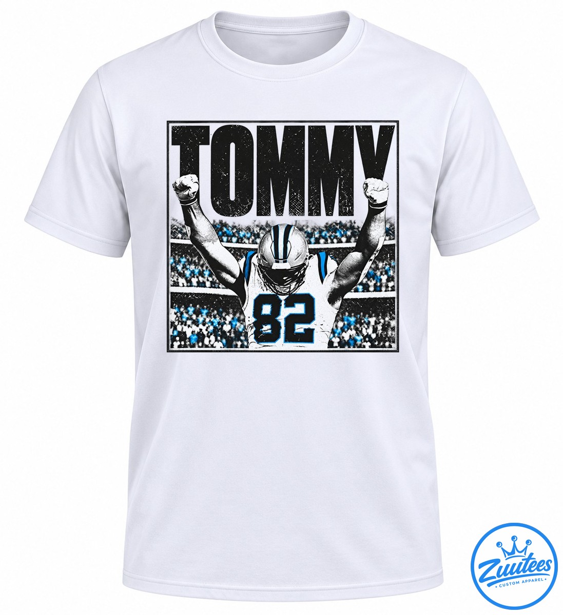 Tommy Balboa football graphic with large black lettering, a player wearing jersey 82, raised fists, and a blue accented stadium crowd Tommy Balboa football graphic with large black lettering, a player wearing jersey 82, raised fists, and a blue-accented stadium crowd
