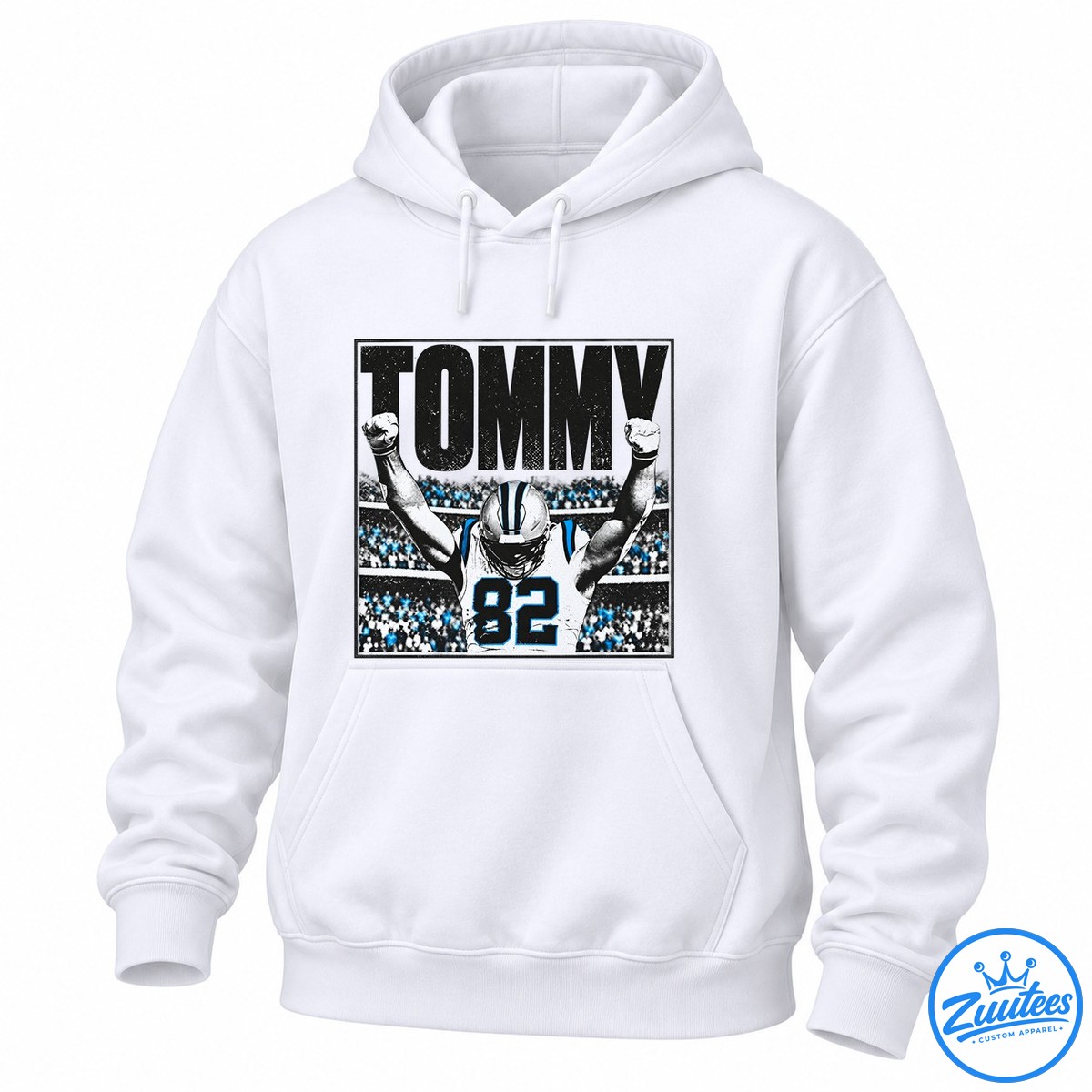 Tommy Balboa football graphic with large black lettering, a player wearing jersey 82, raised fists, and a blue accented stadium crowd Tommy Balboa football graphic with large black lettering, a player wearing jersey 82, raised fists, and a blue-accented stadium crowd