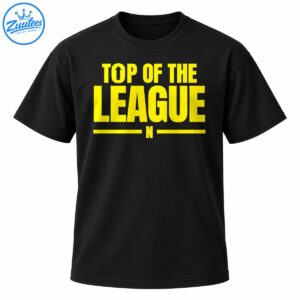 Top Of The League graphic with bold yellow lettering, an upward arrow inside the O, and horizontal yellow lines.