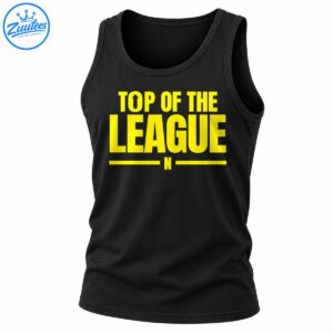 Top Of The League graphic with bold yellow lettering, an upward arrow inside the O, and horizontal yellow lines.