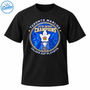 Toronto Marlies 2026 Eastern Conference Champions shirt graphic with crowned maple leaf and Calder Cup trophy