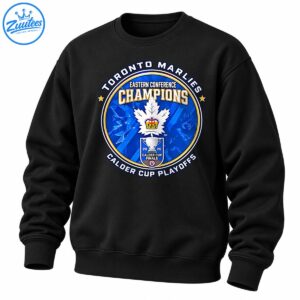 Toronto Marlies 2026 Eastern Conference Champions shirt graphic with crowned maple leaf and Calder Cup trophy
