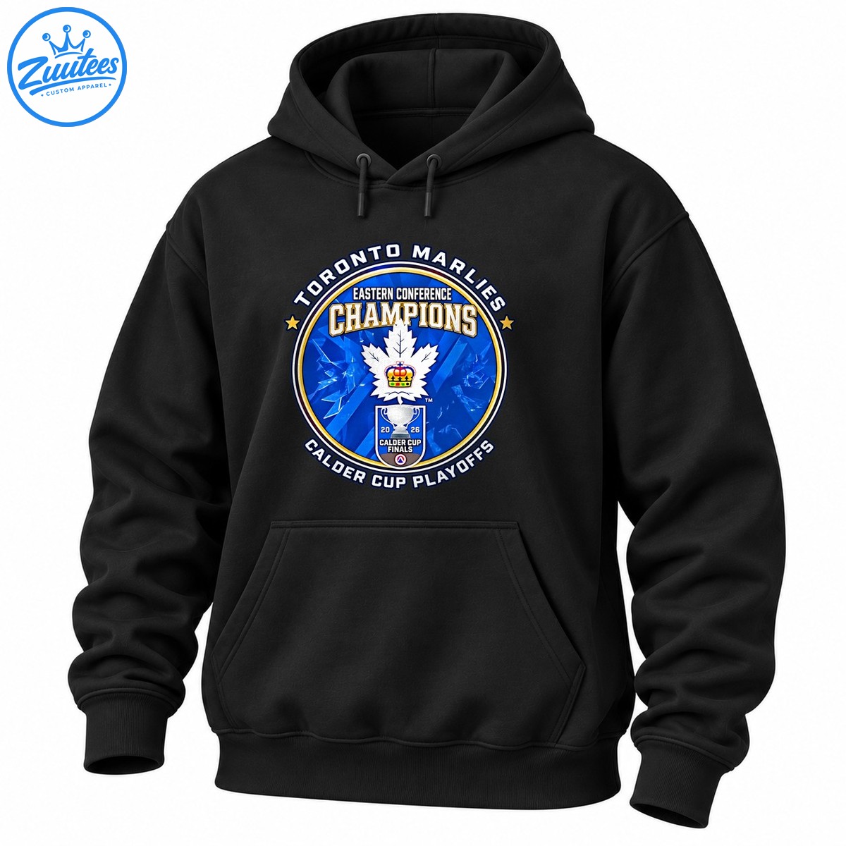 Toronto Marlies 2026 Eastern Conference Champions shirt graphic with crowned maple leaf and Calder Cup trophy Toronto Marlies 2026 Eastern Conference Champions shirt graphic with crowned maple leaf and Calder Cup trophy