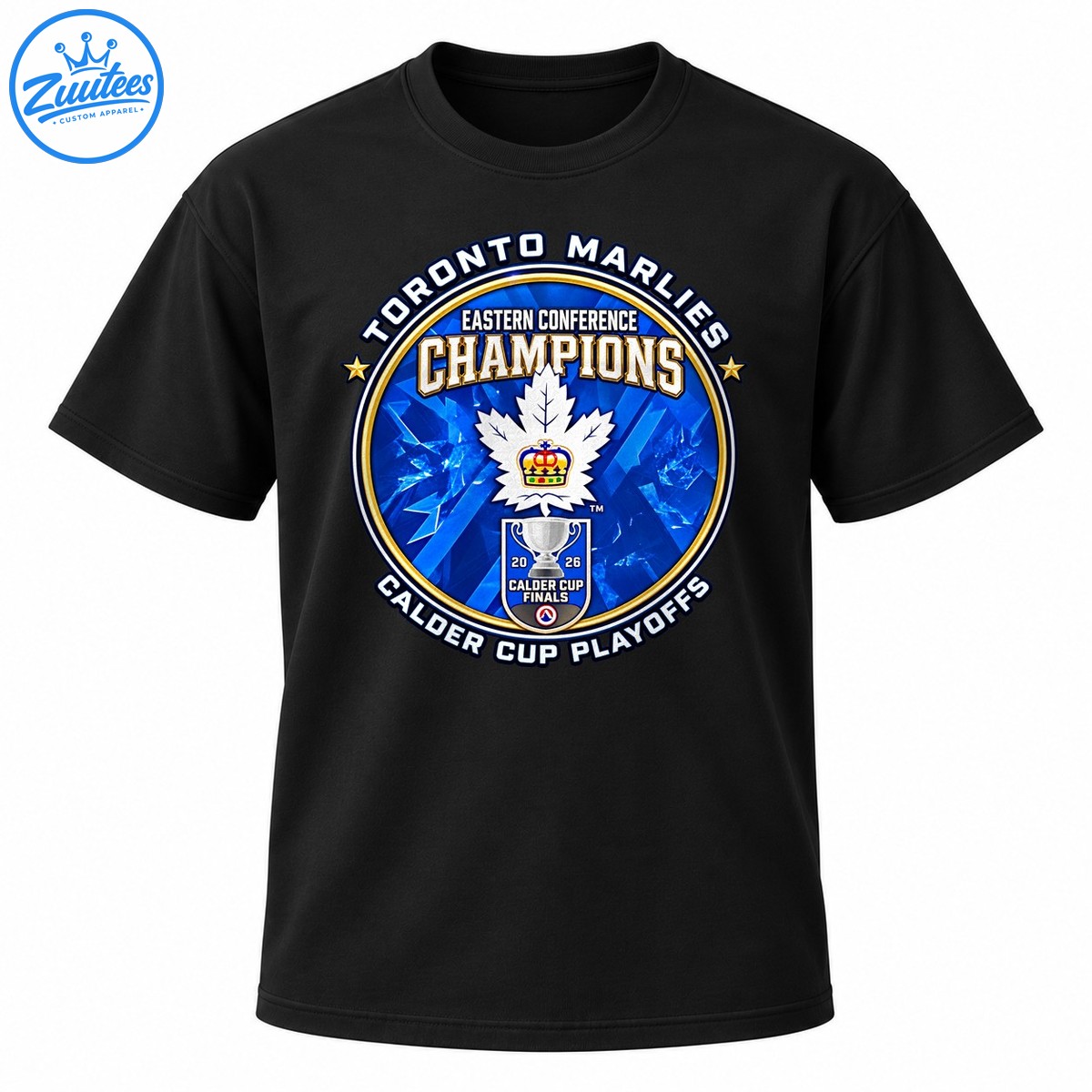 Toronto Marlies 2026 Eastern Conference Champions blue and gold crest with maple leaf and Calder Cup trophy Toronto Marlies 2026 Eastern Conference Champions blue and gold crest with maple leaf and Calder Cup trophy