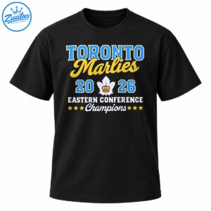 Toronto Marlies 2026 Eastern Conference Champions shirt graphic with blue lettering, gold script and maple leaf crest