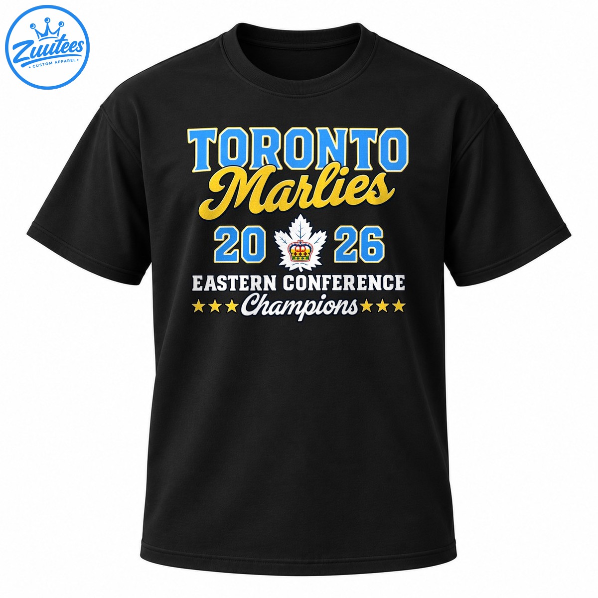 Toronto Marlies 2026 Eastern Conference Champions shirt graphic with blue lettering, gold script and maple leaf crest Toronto Marlies 2026 Eastern Conference Champions shirt graphic with blue lettering, gold script and maple leaf crest
