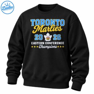 Toronto Marlies 2026 Eastern Conference Champions shirt graphic with blue lettering, gold script and maple leaf crest