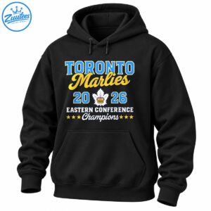 Toronto Marlies 2026 Eastern Conference Champions shirt graphic with blue lettering, gold script and maple leaf crest