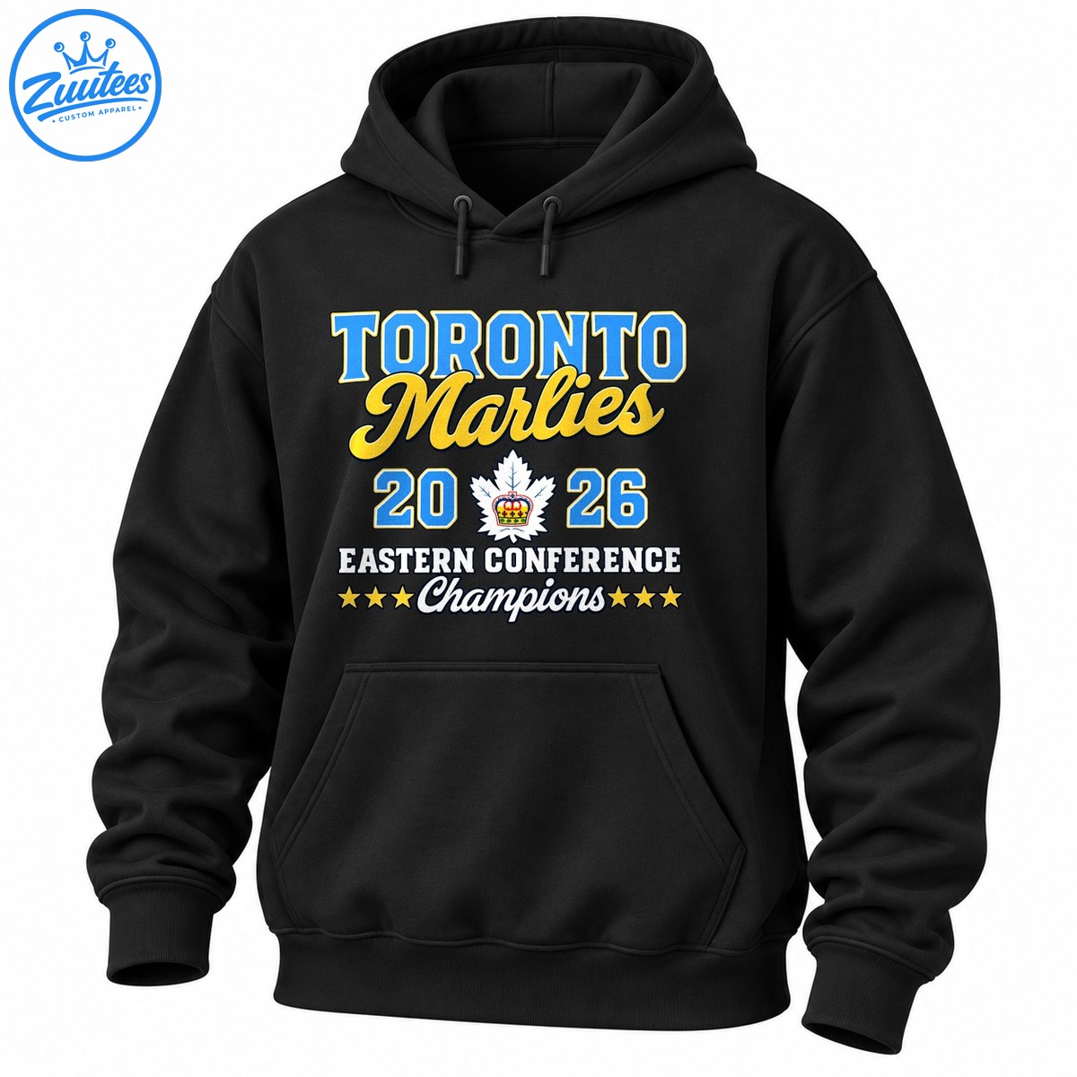 Toronto Marlies 2026 Eastern Conference Champions shirt graphic with blue lettering, gold script and maple leaf crest Toronto Marlies 2026 Eastern Conference Champions shirt graphic with blue lettering, gold script and maple leaf crest