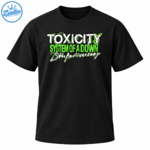 Toxicity 25th Anniversary graphic with distressed white lettering, neon green accents, and bold rock-inspired typography