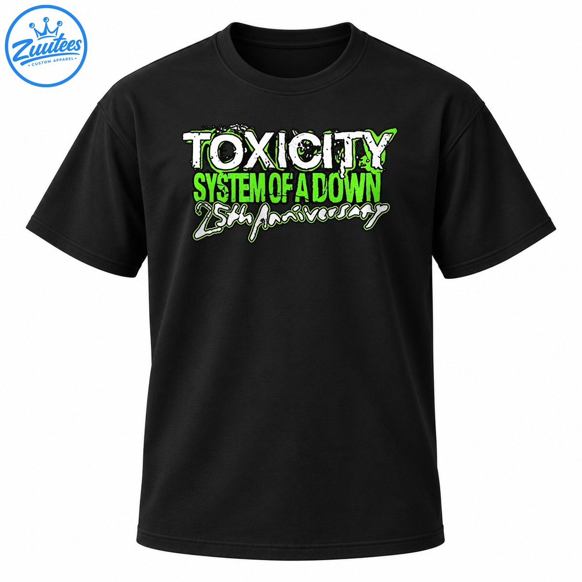 Toxicity 25th Anniversary graphic with distressed white lettering, neon green accents, and bold rock inspired typography Toxicity 25th Anniversary graphic with distressed white lettering, neon green accents, and bold rock-inspired typography