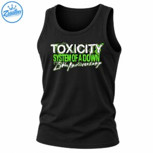 Toxicity 25th Anniversary graphic with distressed white lettering, neon green accents, and bold rock-inspired typography