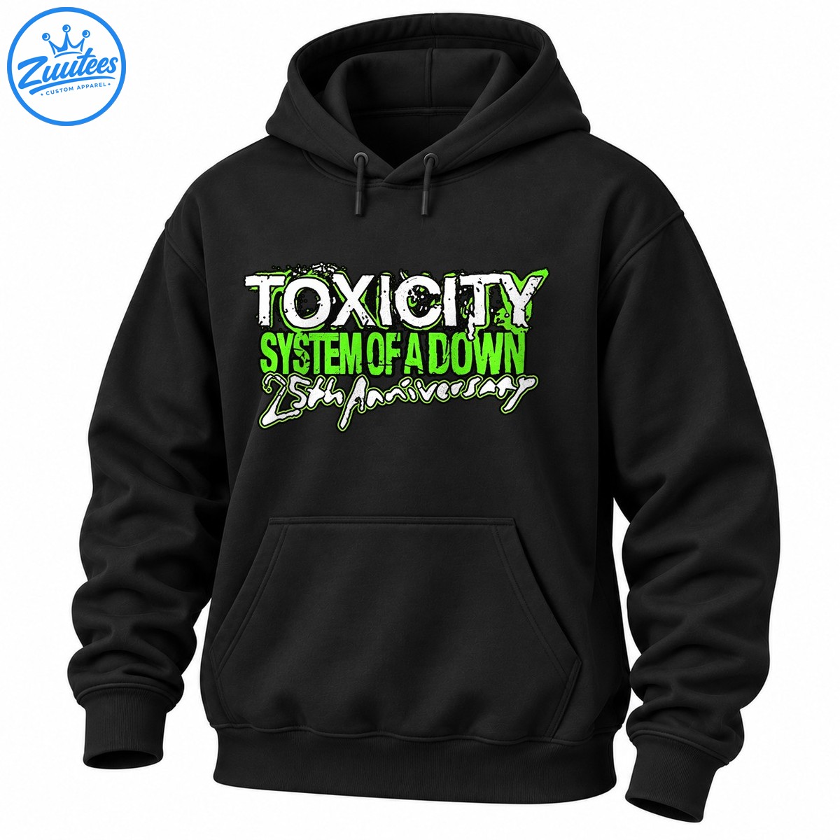 Toxicity 25th Anniversary graphic with distressed white lettering, neon green accents, and bold rock inspired typography Toxicity 25th Anniversary graphic with distressed white lettering, neon green accents, and bold rock-inspired typography