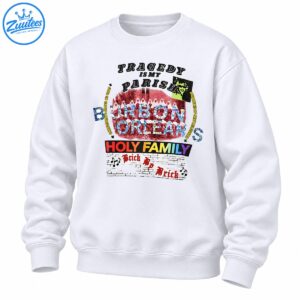Tragedy Is My Parish Bourbon Orleans Holy Family Brick By Brick shirt with colorful collage lettering and distressed brick artwork