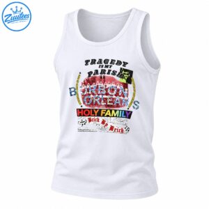 Tragedy Is My Parish Bourbon Orleans Holy Family Brick By Brick shirt with colorful collage lettering and distressed brick artwork