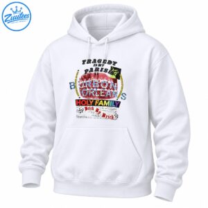 Tragedy Is My Parish Bourbon Orleans Holy Family Brick By Brick shirt with colorful collage lettering and distressed brick artwork
