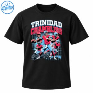 Trinidad Chambliss Collegiate football graphic with five illustrated players, red jerseys, blue helmets and varsity text