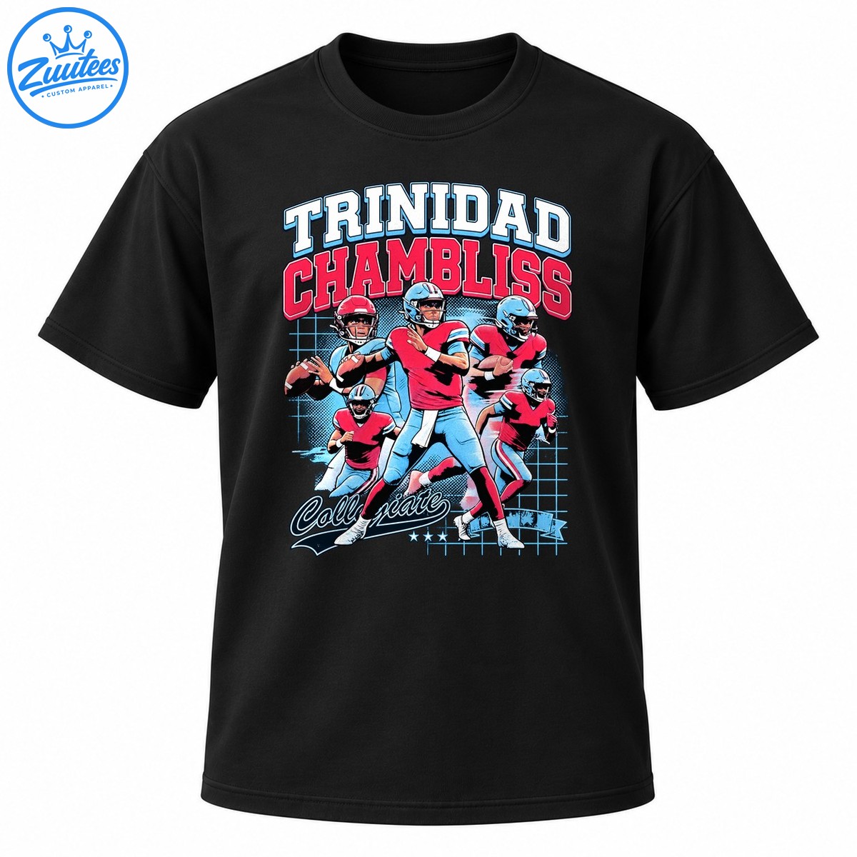 Trinidad Chambliss Collegiate football graphic with five illustrated players, red jerseys, blue helmets and varsity text Trinidad Chambliss Collegiate football graphic with five illustrated players, red jerseys, blue helmets and varsity text