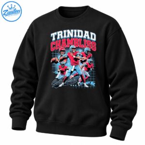 Trinidad Chambliss Collegiate football graphic with five illustrated players, red jerseys, blue helmets and varsity text