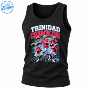 Trinidad Chambliss Collegiate football graphic with five illustrated players, red jerseys, blue helmets and varsity text