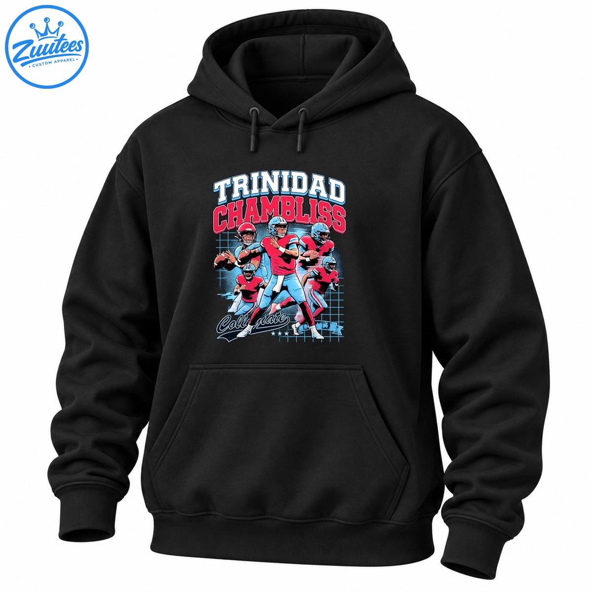 Trinidad Chambliss Collegiate football graphic with five illustrated players, red jerseys, blue helmets and varsity text Trinidad Chambliss Collegiate football graphic with five illustrated players, red jerseys, blue helmets and varsity text