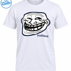 Trollface cartoon meme with a wide toothy grin, bold black lines, navy outline, and trollface text