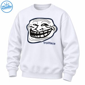 Trollface cartoon meme with a wide toothy grin, bold black lines, navy outline, and trollface text
