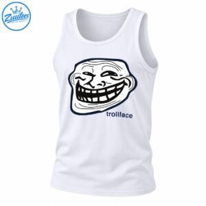 Trollface cartoon meme with a wide toothy grin, bold black lines, navy outline, and trollface text