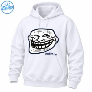 Trollface cartoon meme with a wide toothy grin, bold black lines, navy outline, and trollface text
