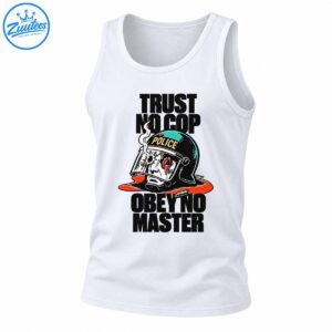 Trust No Cop Obey No Master graphic with a damaged police riot helmet, teal highlights, and orange-red splashes
