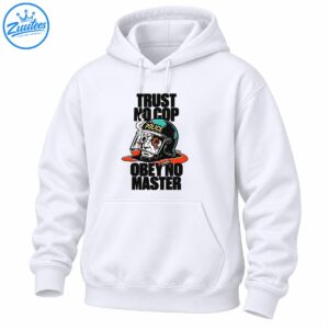 Trust No Cop Obey No Master graphic with a damaged police riot helmet, teal highlights, and orange-red splashes