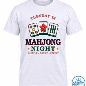 Mahjong Night Shirt design with colorful mahjong tiles, retro lettering, gold accents, and Shuffle Gossip Repeat slogan