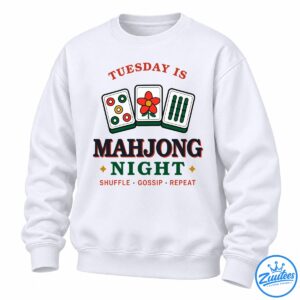 Mahjong Night Shirt design with colorful mahjong tiles, retro lettering, gold accents, and Shuffle Gossip Repeat slogan