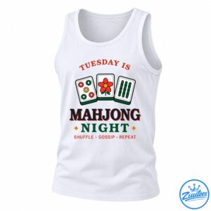 Mahjong Night Shirt design with colorful mahjong tiles, retro lettering, gold accents, and Shuffle Gossip Repeat slogan